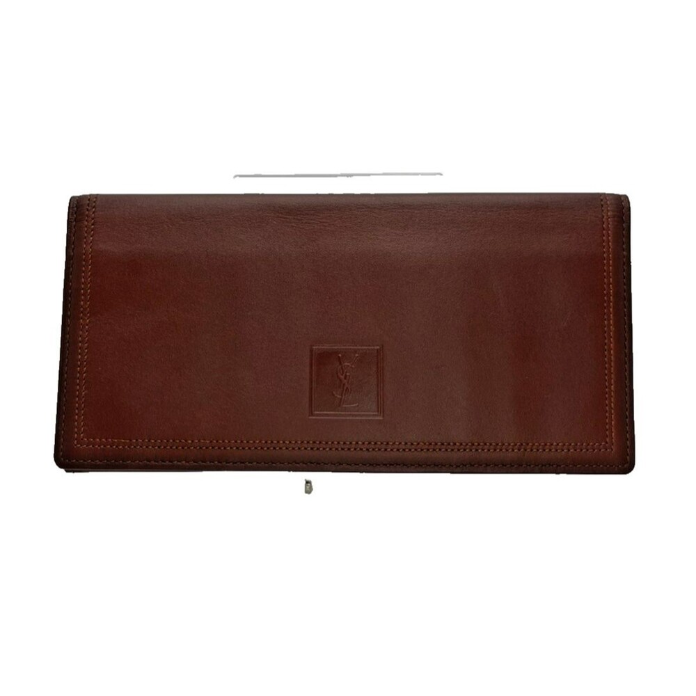 Authentic Yves Saint Laurent YSL Logo Leather Long Wallet Bordeaux Bifold /24